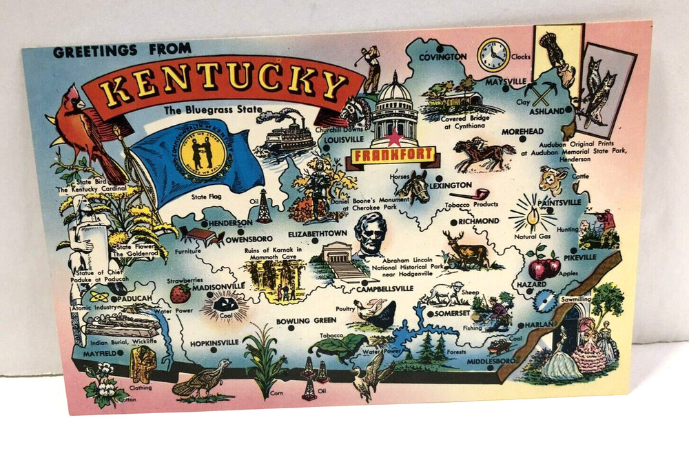 Greetings from Kentucky- Vintage Chrome Postcard - Map, Points of Interest