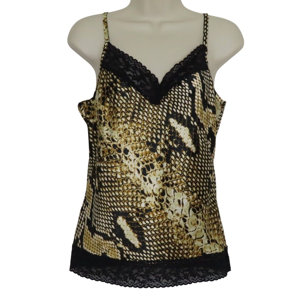 Cache Womens Small Yellow Snakeskin Print Black Lace Spaghetti Strap Tank Shirt