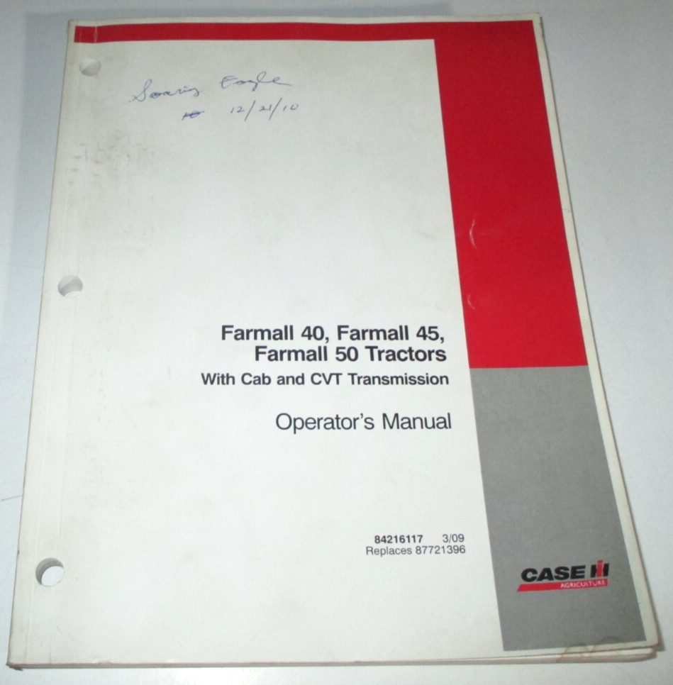 Case IH Farmall 40 45 50 Tractor w/CVT & Cab Operators Manual 2009 ORIGINAL! CIH