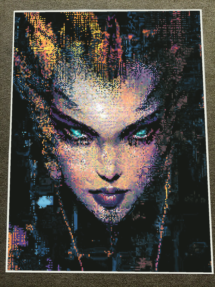 Pixel Art Futuristic Portrait with Abstract Geometric Patterns Poster 18x24in-image