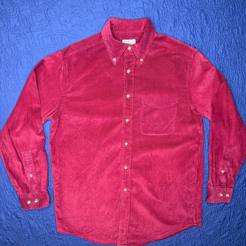 VNTG LL Bean Mens S Reggular Corduroy Button Down Shirt Red Long Sleeve Cotton