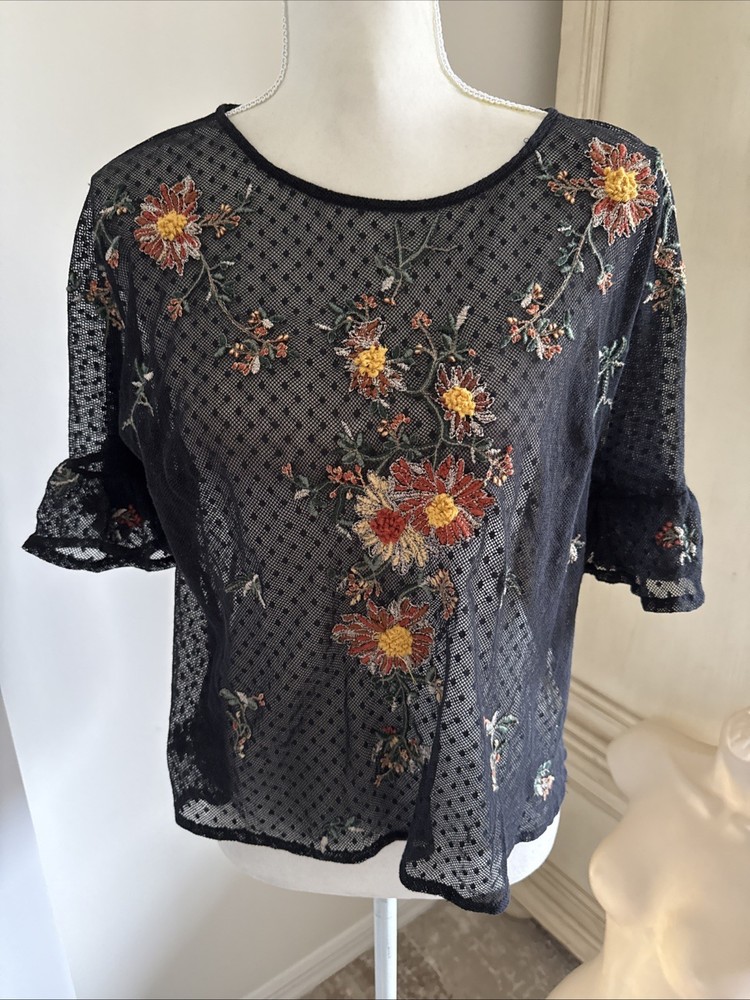 Anthropologie Maeve Cadiz Mesh Top M Floral Embroidered Ruffle Lace Polka Black
