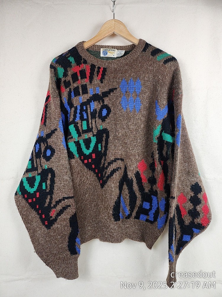 Vintage Machine Knit Sweater Brown  Red Green Faux Mohair Adult Medium