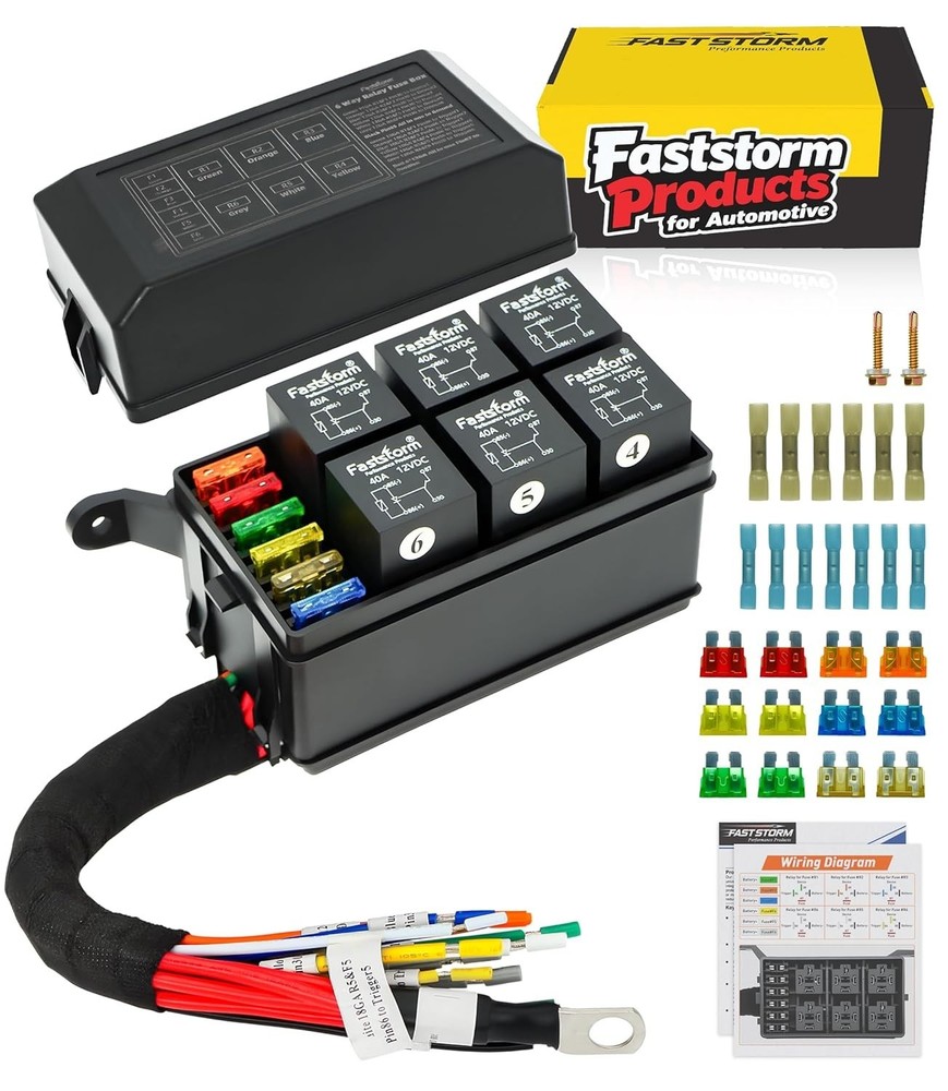 FASTSTORM Fuse Relay Box, Relay Block Box Built-in Diodes 6 Way 12 AWG Pre-Wired
