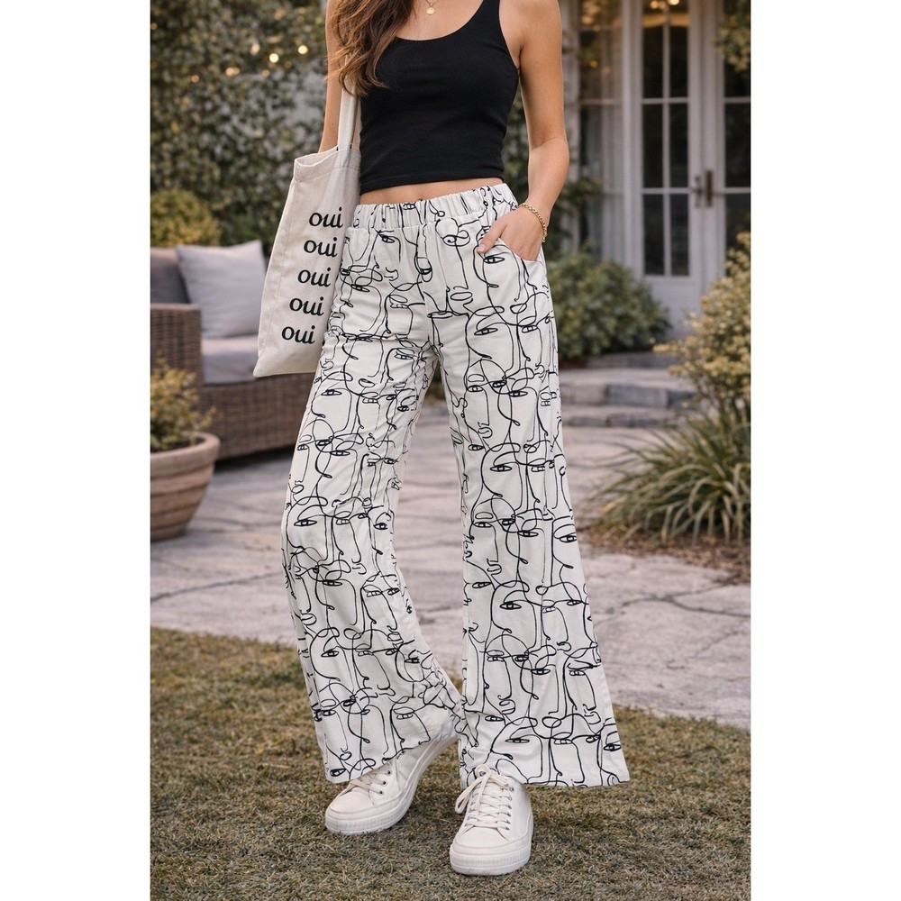 Women White Black Abstract Face Print Flare Leg Pants High Waist Size M Graphic-image