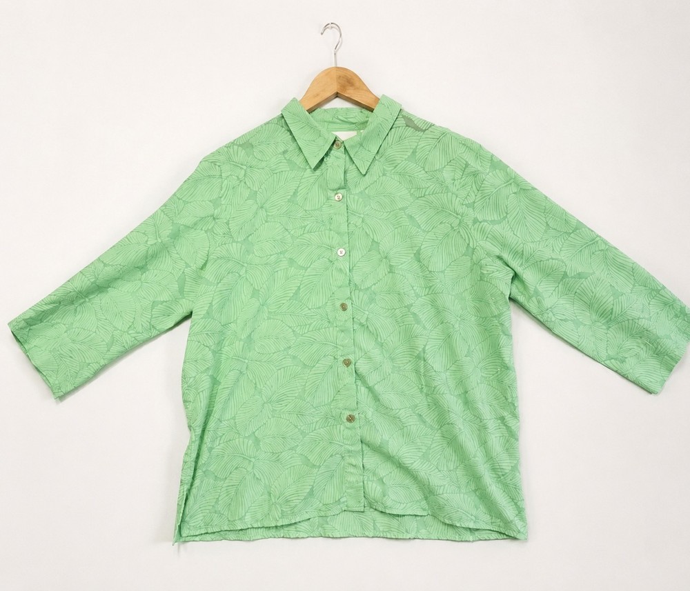 Alfred Dunner Women’s Button Front Blouse Size 12 Green Leaf Print 3/4 Sleeve To