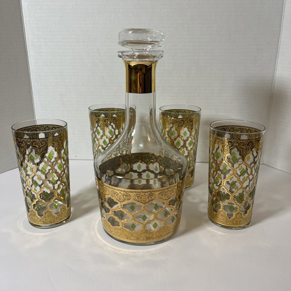 Culver Valencia Decanter and 4 Highball Glasses 1960s MCM 22K Gold