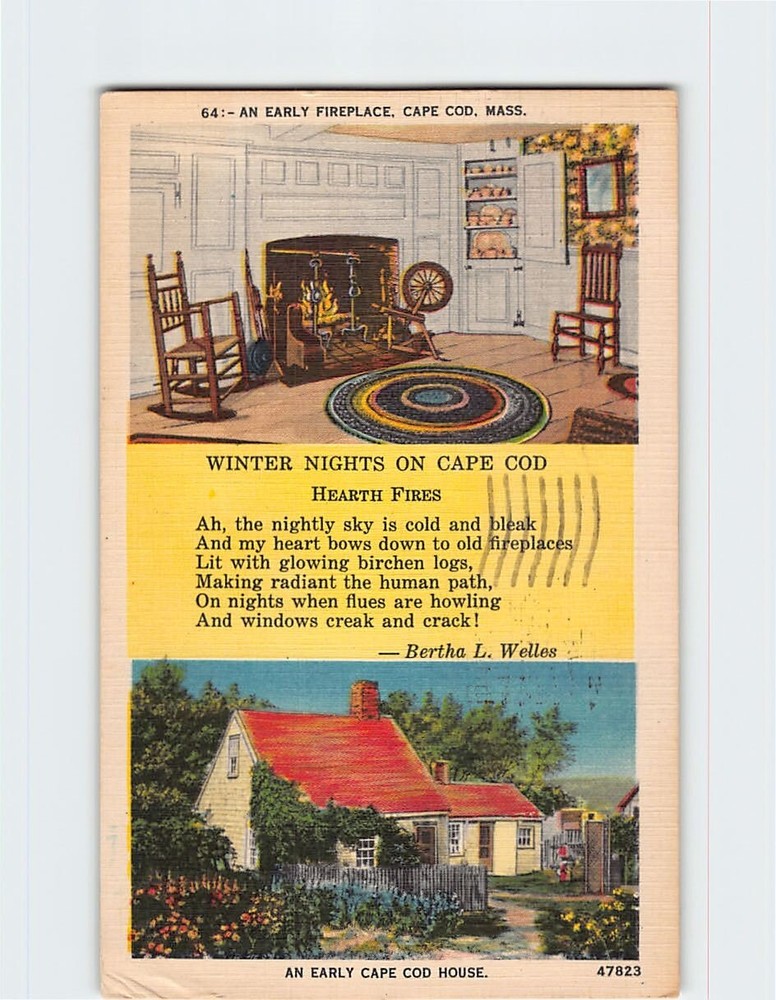 Postcard An early Fireplace And Early Cape Cod House Cape Cod Massachusetts