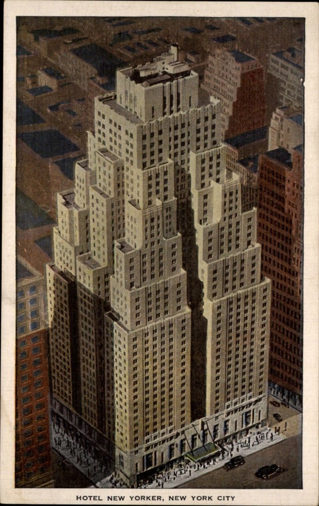 Hotel New Yorker New York City ~ aerial view ~ 1930s vintage linen postcard