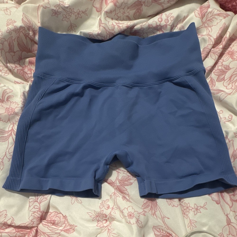 Women's Blue Ribbed Seamless Biker Shorts Pull-On Stretch Gym & Training M
