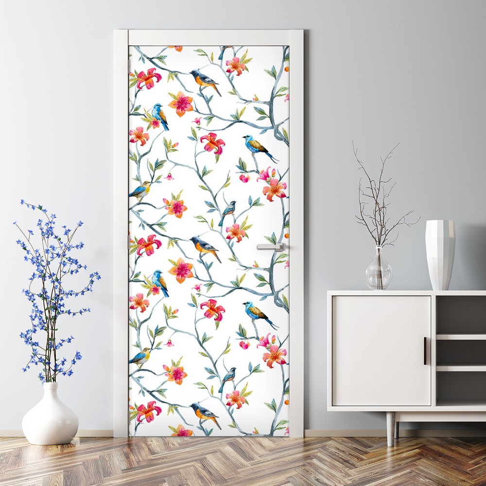 Colorful Watercolor Bird Branch Decal - Nature-Inspired Adhesive Door Sticker