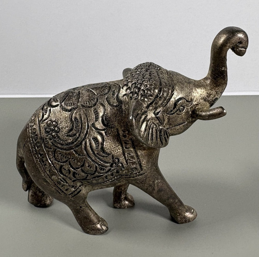 Vintage Style Elephant Figurine Raised Trunk Ornate Silver Tone Home Decor