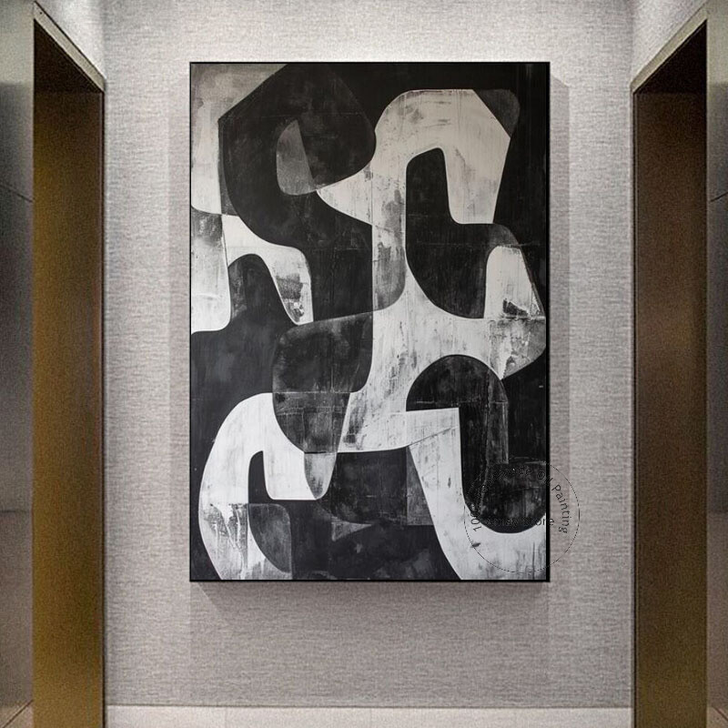 Marble Style Black White Gray Oil Painting Handmade Abstract Canvas For Decor