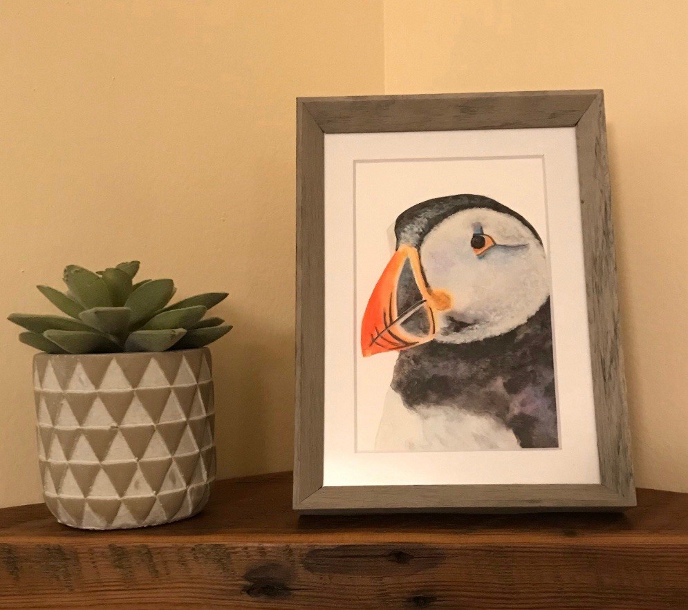 Original watercolor puffin painting bird 4”x6” in frame