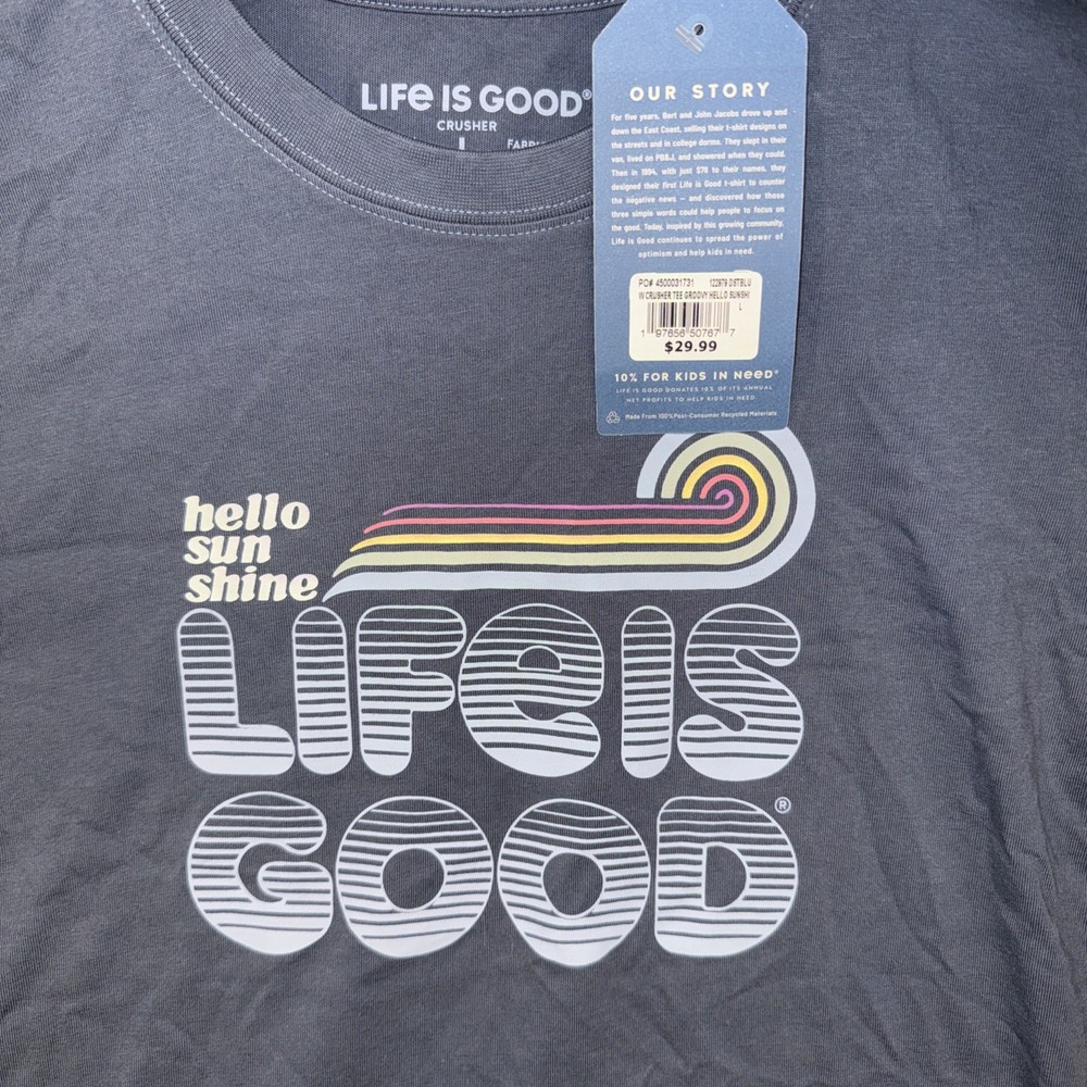 Life is Good Womens Crusher Tee Groovy Hello Sunshine Blue Graphic T-Shirt L NEW