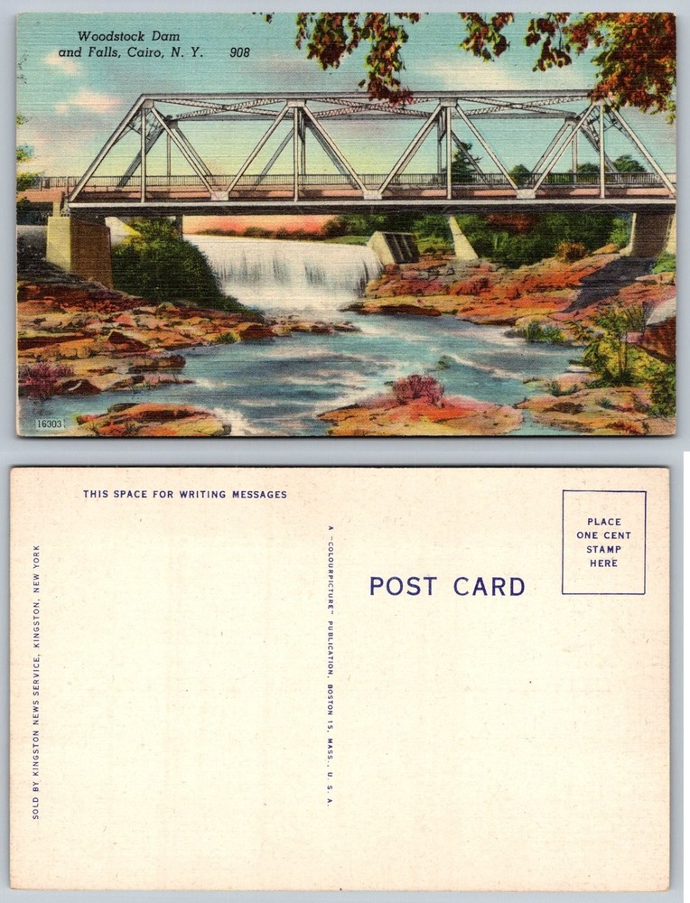 Woodstock Dam & Falls Cairo NY Linen Postcard 1940s Colourpicture Bridge