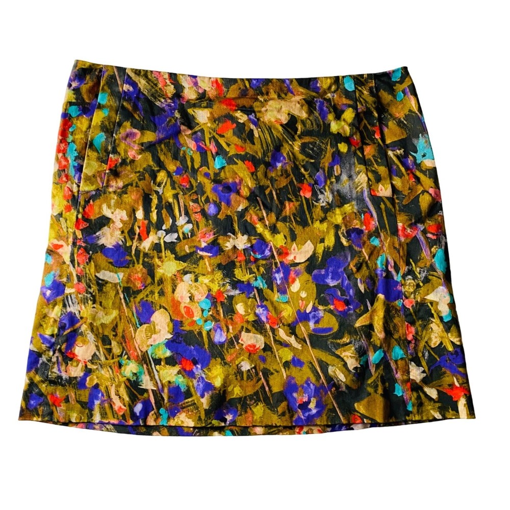 J Crew Gold Abstract Floral Print Mini Skirt Size 4 with Stretch Cotton and Pockets-image