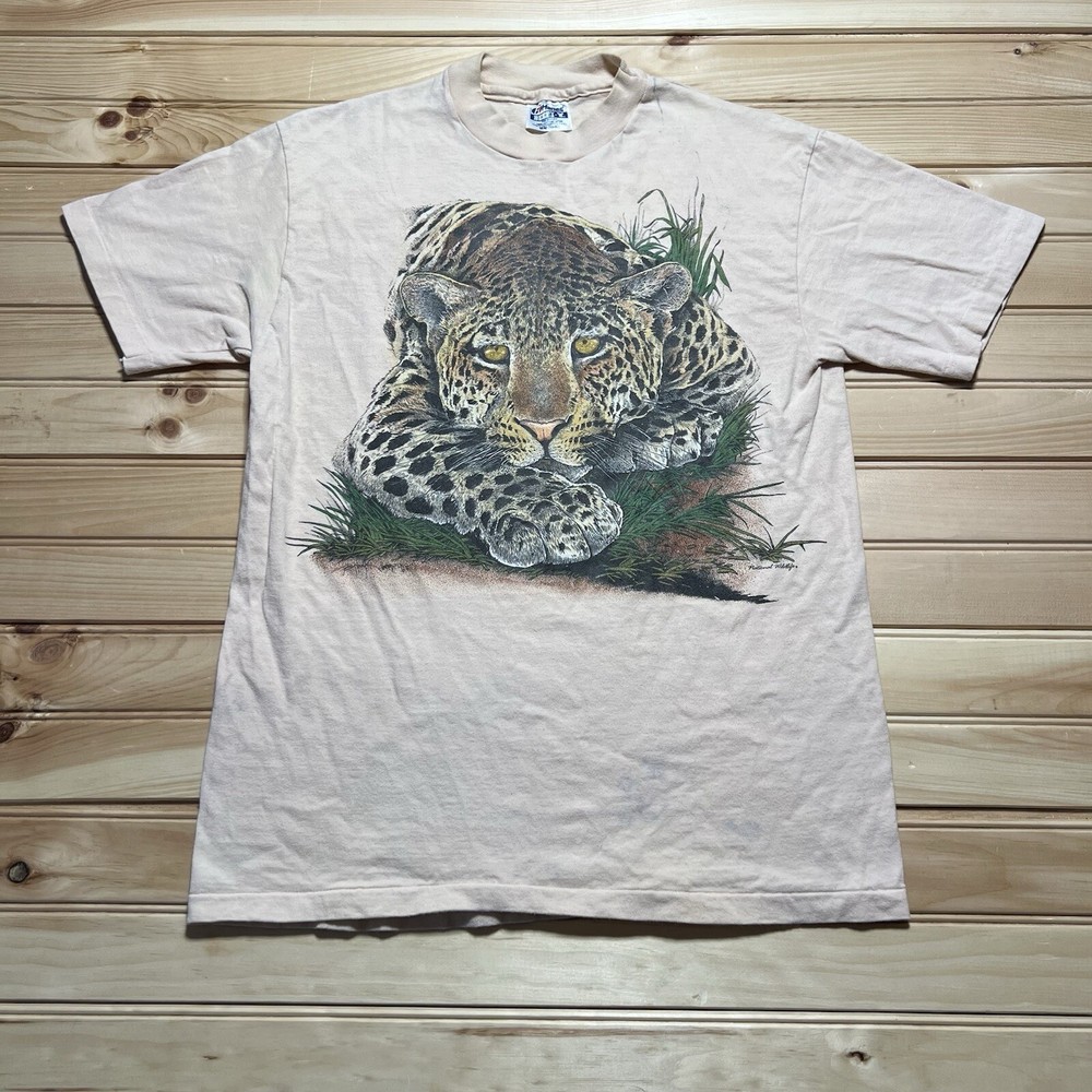 Vintage 80s Harlequin Leopard Big Cat Nature Art Shirt Size Medium