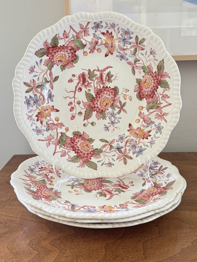 FOUR Vintage Copeland Spode England Red Aster Chinoiserie Dinner Plates, 10.5”