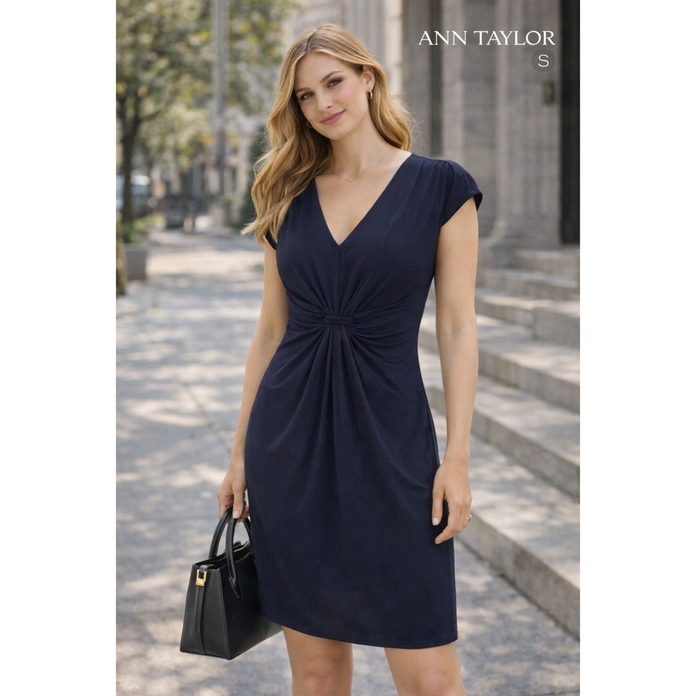 Ann Taylor Navy Blue Sheath Dress Small Ruched Waist V-Neck Work Office Stretch