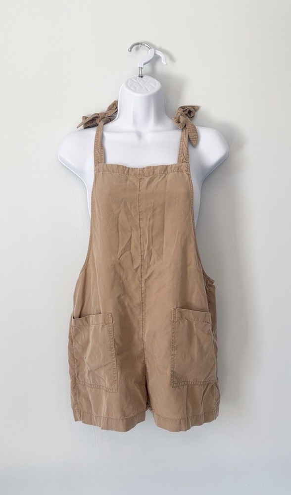 Women’s Aerie Romper Size Small Khaki Overall Jumpsuit Short Tie Straps Pockets