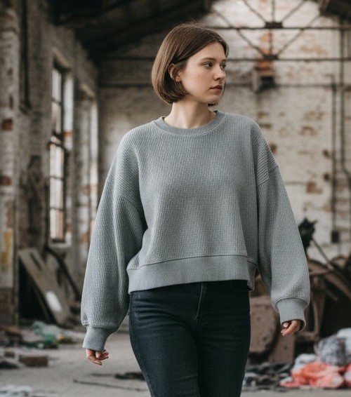Aerie Small Oversized Washed GREY Ribbed Cropped Crewneck Versatile Sweatshirt