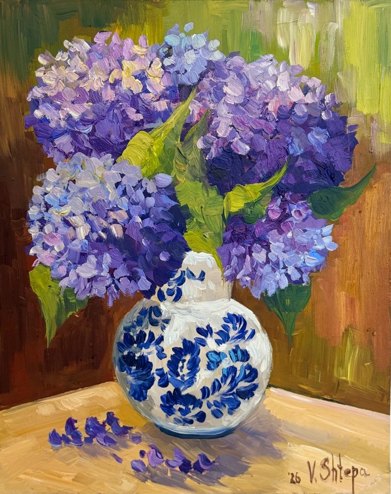 Hydrangea Floral Original Oil Painting Art Impasto Flower Still Life 8x10 in
