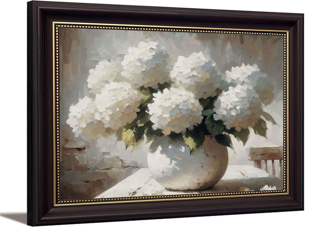 Hydrangea Dark Brown Framed Canvas Wall Art Country White Hydrangea painting ...