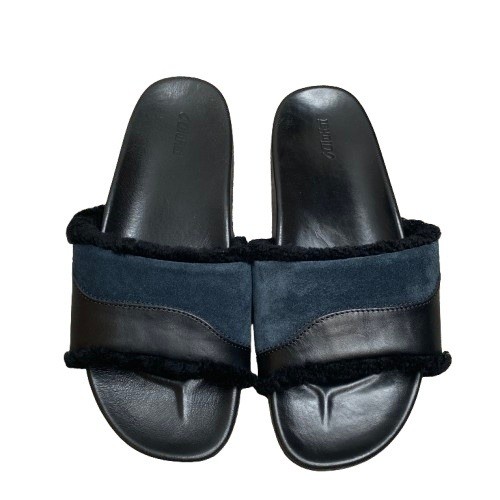 Olukai Womens Hoala Slide Sandals Size 9 Black Leather Shearling Comfort Footbed