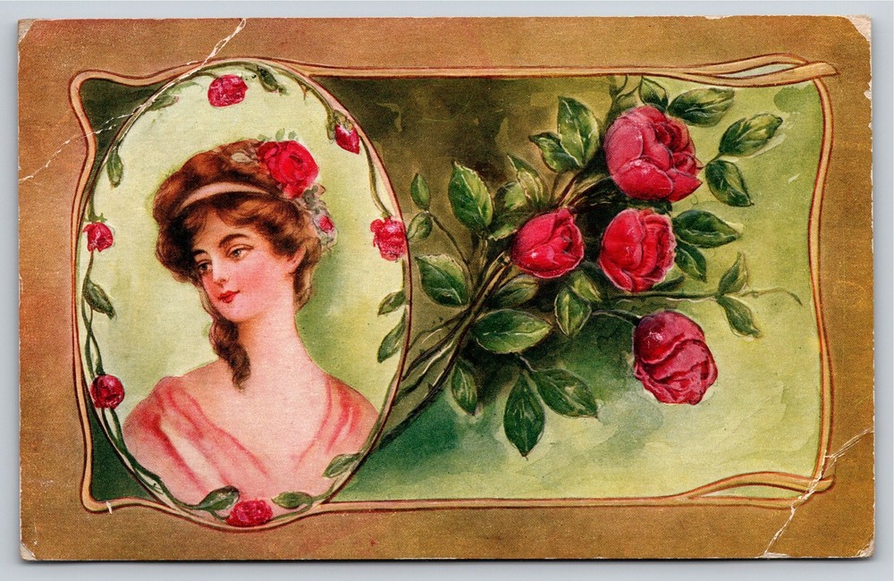 Greetings~Woman In Circle & Red Roses~BB London Vintage Postcard