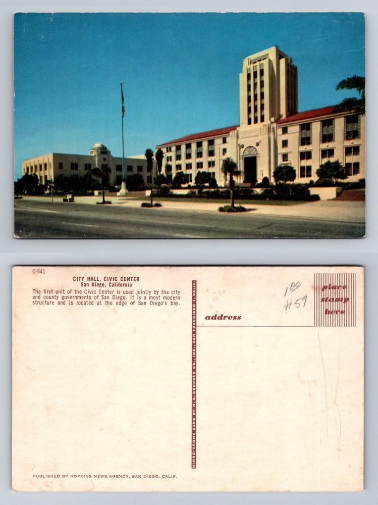 San Diego CA-California, City Hall Civic Center Government Bldg Vintage Postcard