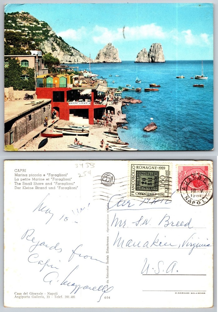 Vintage 1960 Capri Marina Piccola Faraglioni Italy Postcard