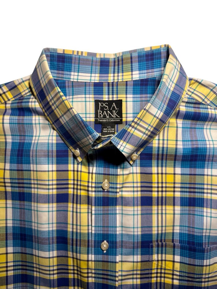 Jos. A. Bank Travelers Men’s 2XL Button Down Shirt Yellow Blue Plaid 100% Cotton