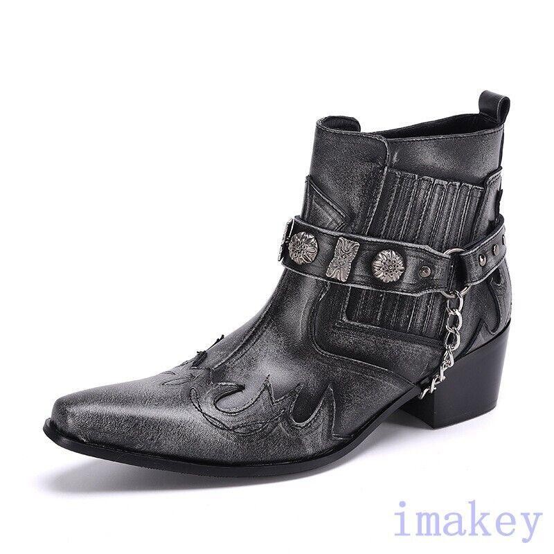 Men's Pointy Toe Cow Leather Ankle Boots with Metal Rivet Chain High Heels