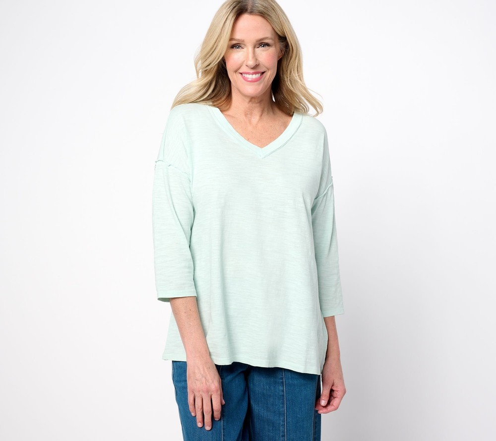 Fashion Women's Top Plus Sz 4X 100% Cotton Slub V-Neck Sleeve Blue A683851