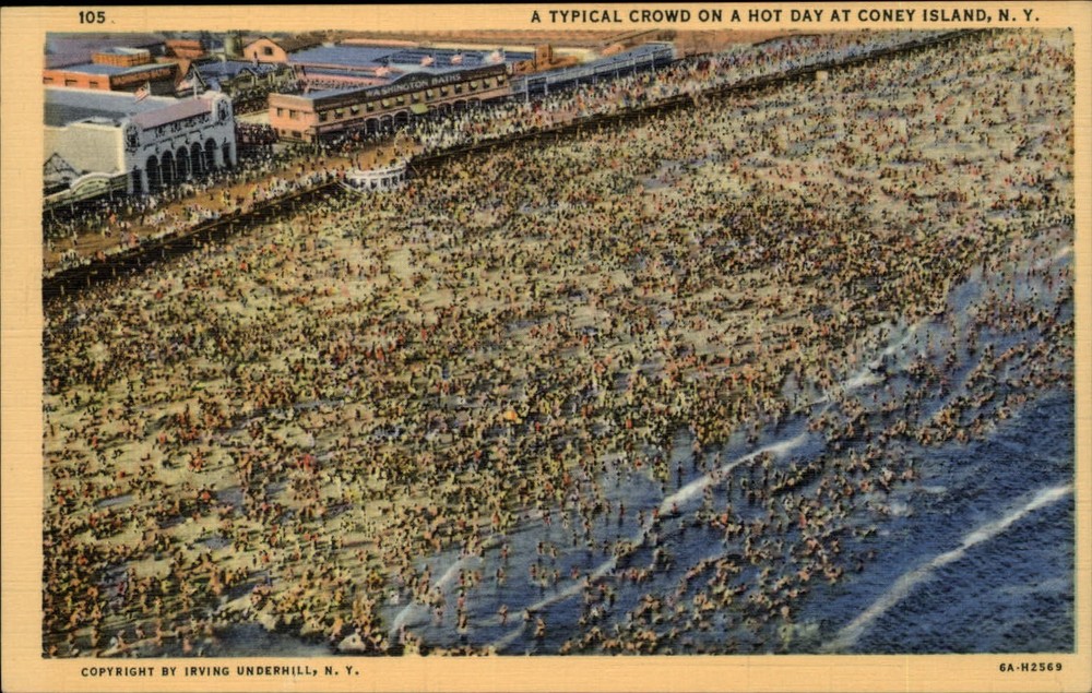 Coney Island New York Beach hot day typical crowd aerial ~ unused linen postcard