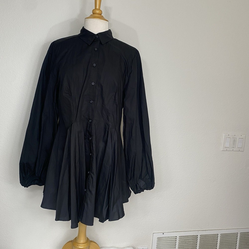 New Free People Women Black Button Collar Balloon Sleeve Tunic Mini Dress Size L