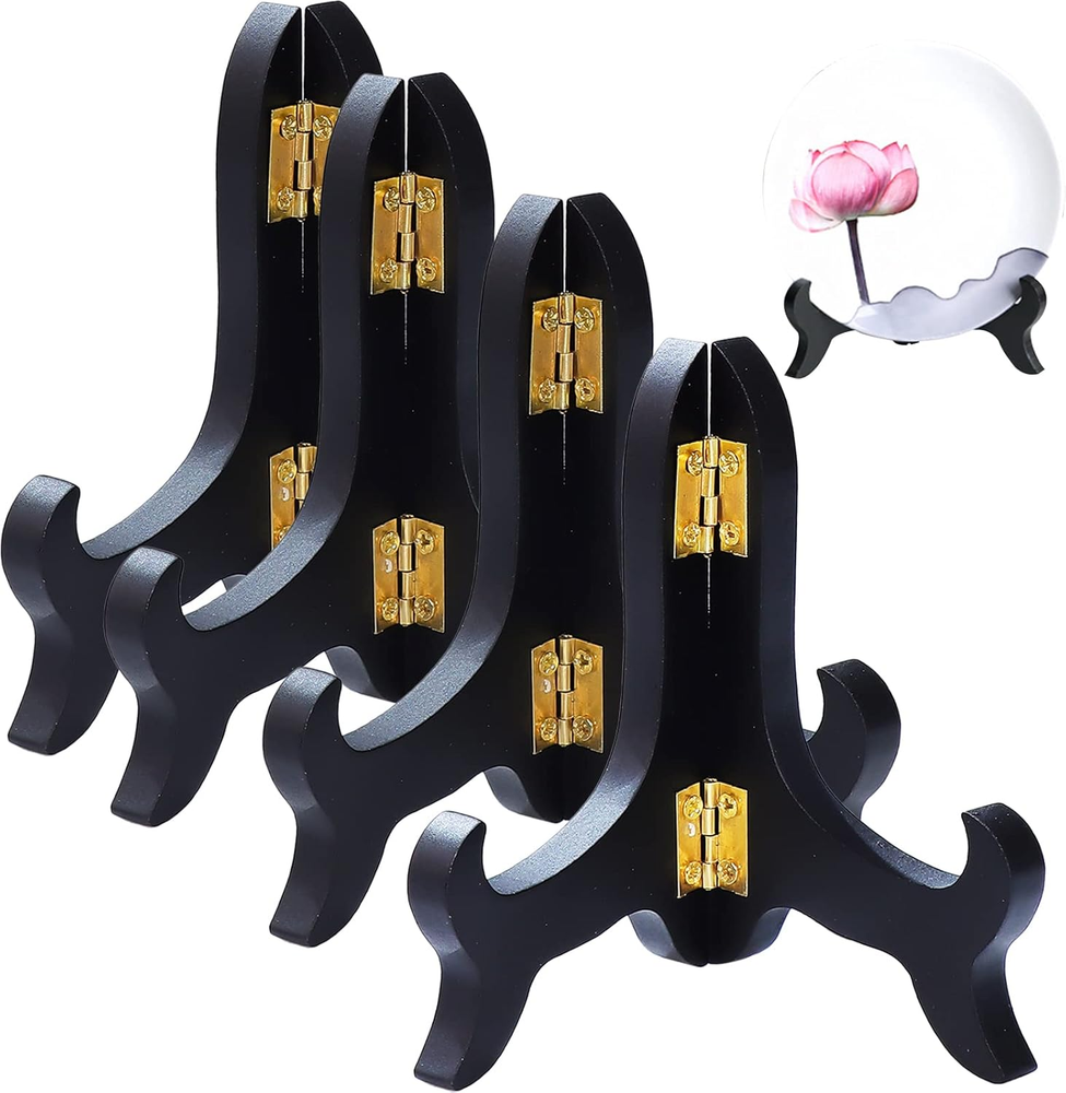 4-Piece Black Wooden Easel Set with Mahogany Finish for Displaying Plates and Pictures