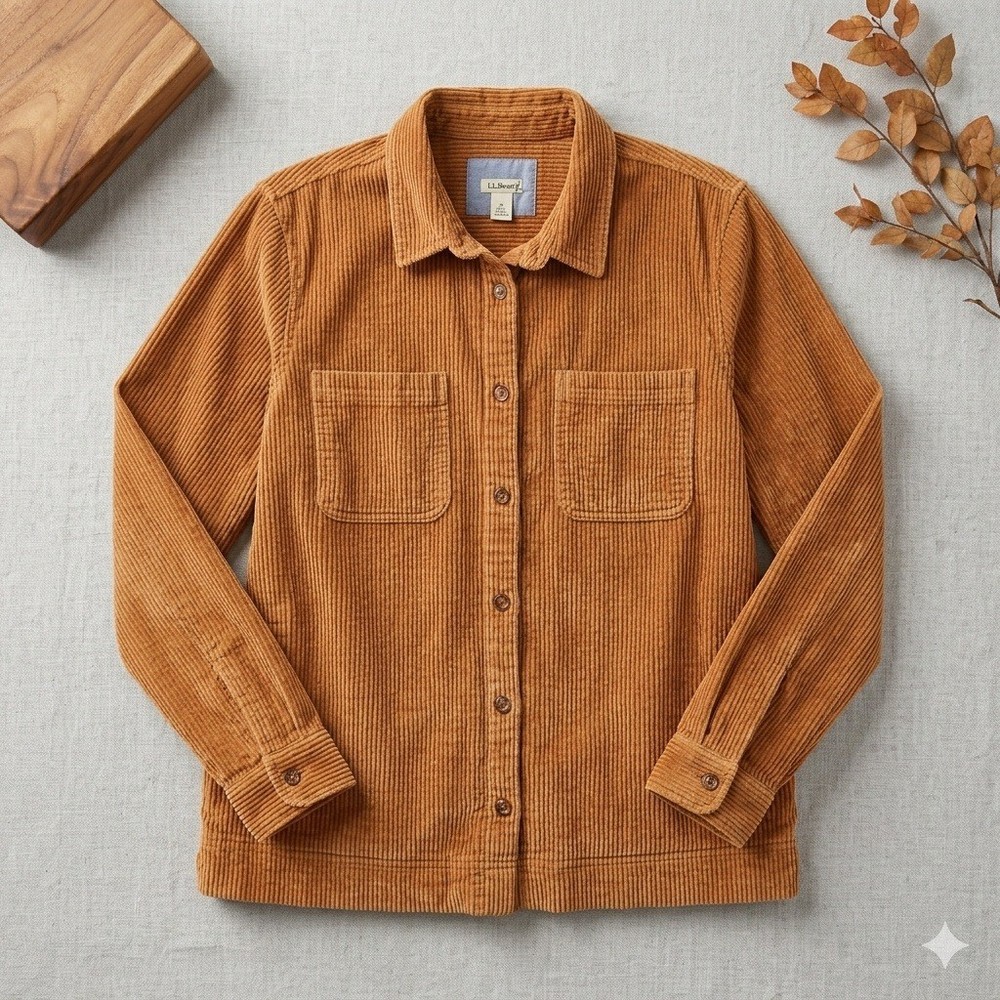LL Bean Comfort Corduroy Button Up Shirt Jacket Women's Medium  Brown Cotton
