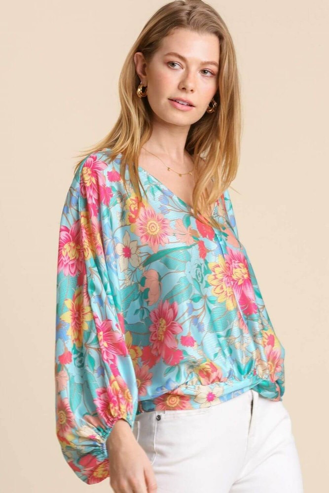 Umgee USA Plus Size Floral Smocked Back V-Neck Blouse with Hem Detail