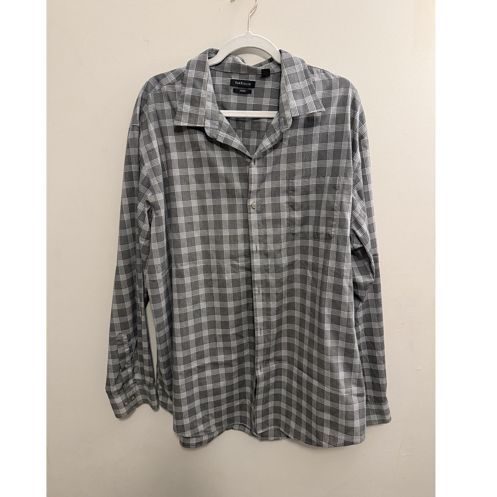 Van Heusen Flex Men's Plaid Gray White Long Sleeve Button-Up Shirt XXL