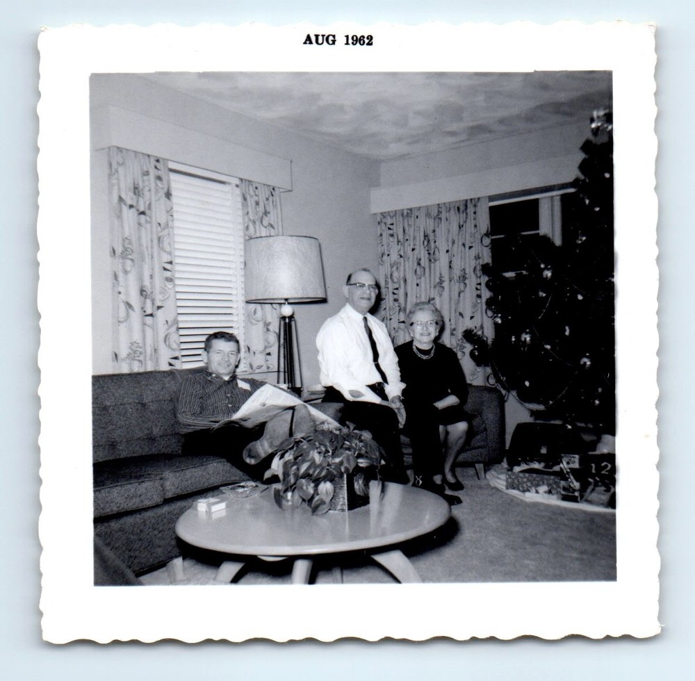 Old Vintage Square Photo MEN WOMAN IN LIVING ROOM CHRISTMAS TREE 1962