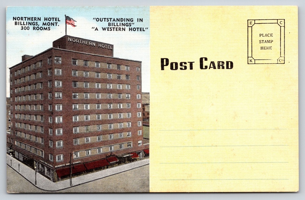Billings Montana~Northern Hotel Bldg Street View~US Flag~Vintage Linen Postcard