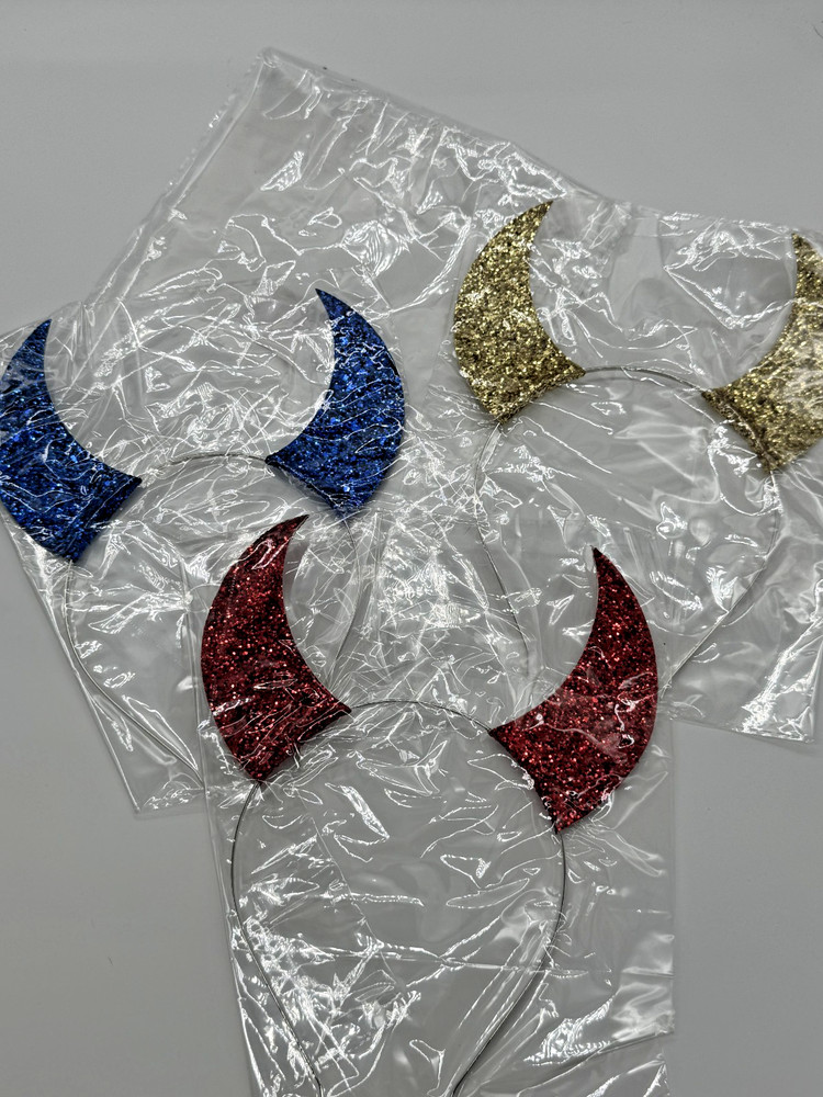 3 Halloween Devil Glitter Horns Headbands Costume Accessory Gold,Red,Blue