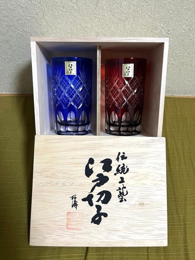 Sake Cup Tajima Glass Edo Kiriko Stacked Yarai Pair