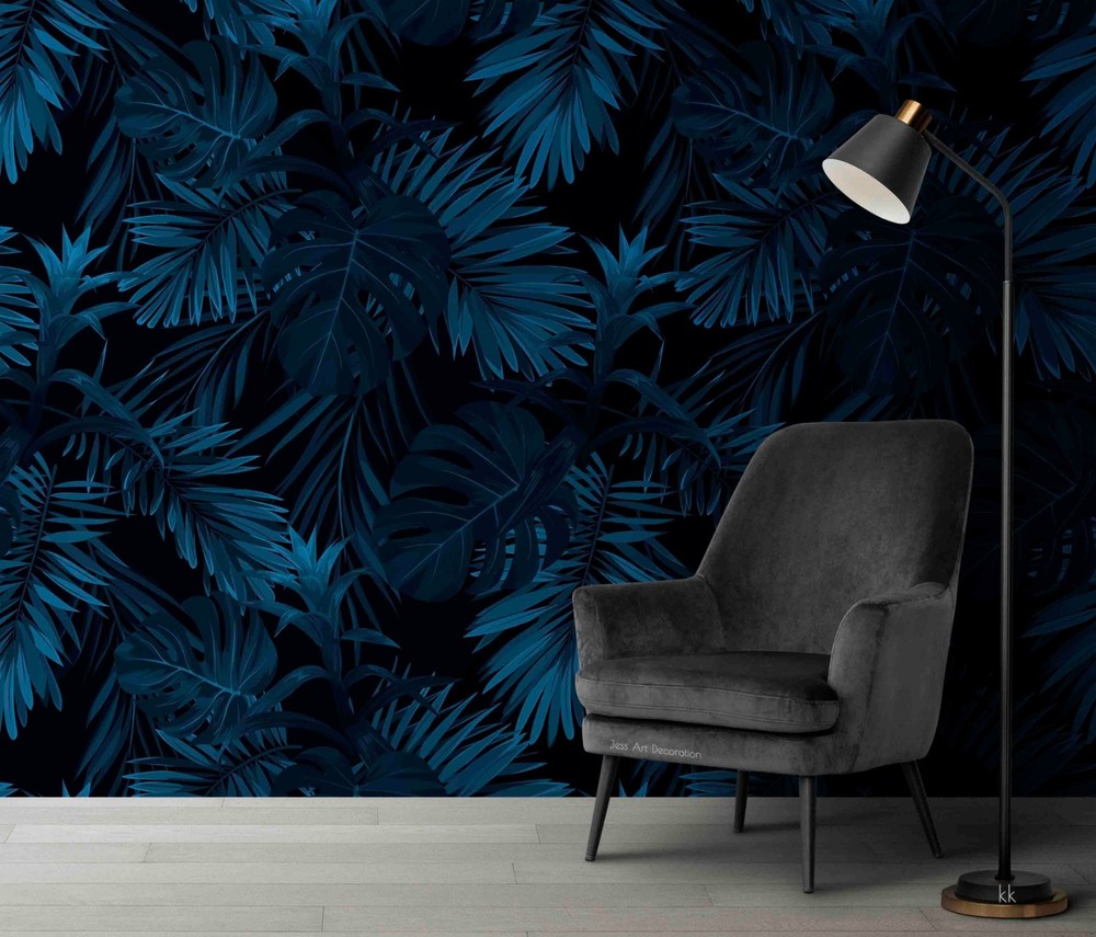3D Blue Black Plants Leaves Pattern Wall Murals Wallpaper Murals Wall Sticker