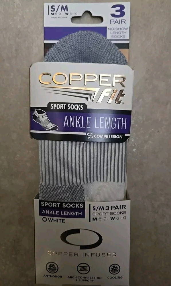 Copper Fit 3-Pair Copper Infused Compression Ankle Socks S/M White Grey