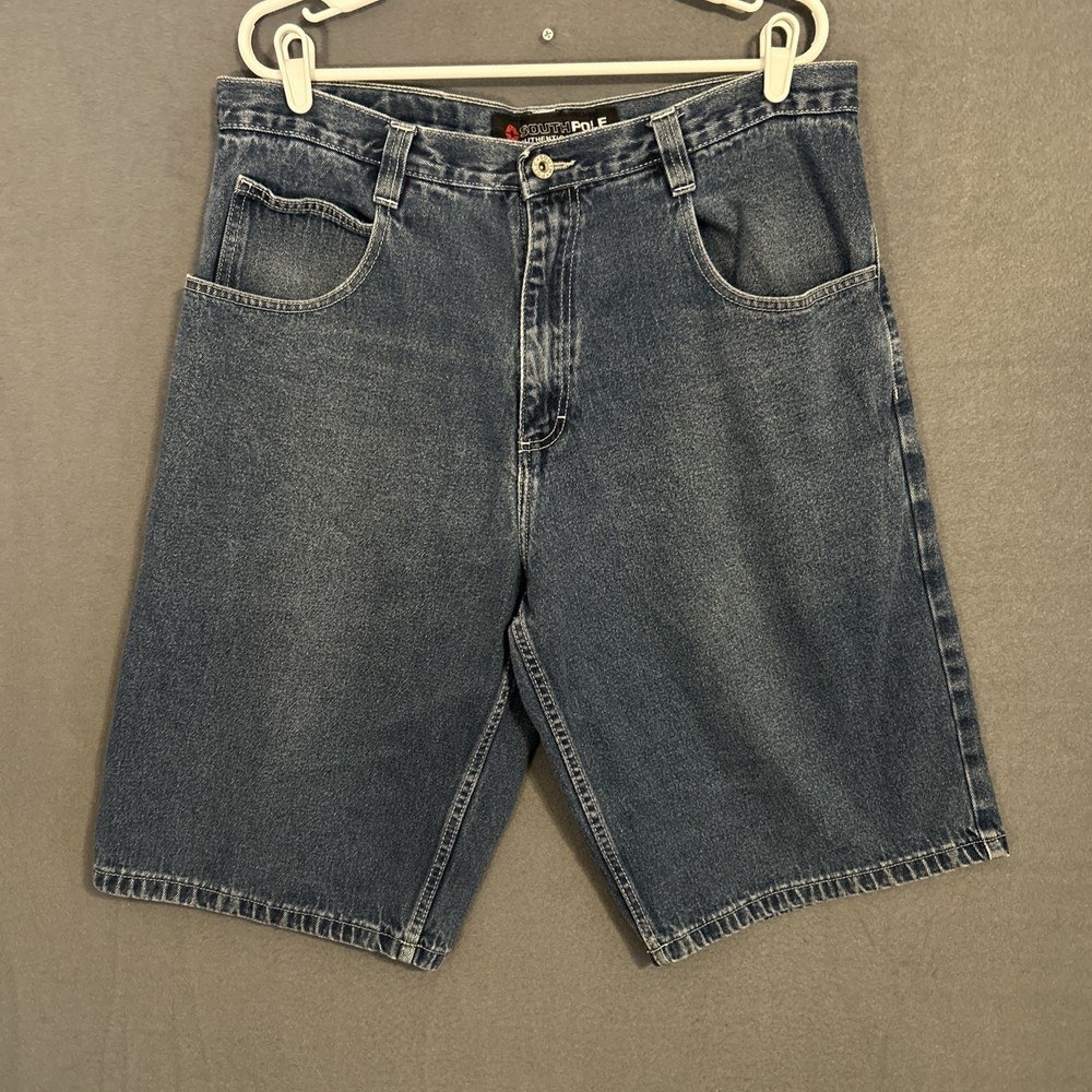SOUTHPOLE JEAN SHORTS MEN SIZE 38 BLUE BAGGY WIDE LEG SKATER WALLET POCKET VTG