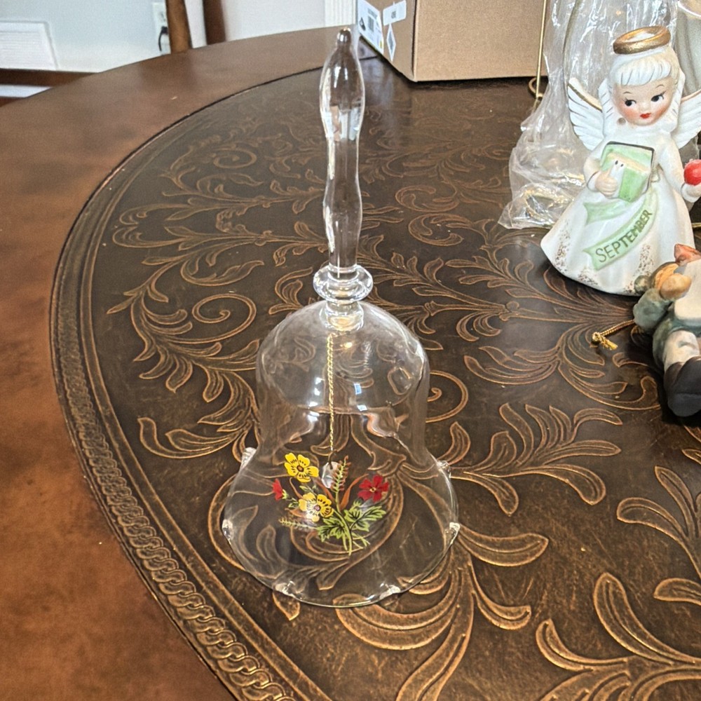 Crystal Glass Bell Red Rose and Bud Vintage Delicate Clear 5.5 Inches Flower