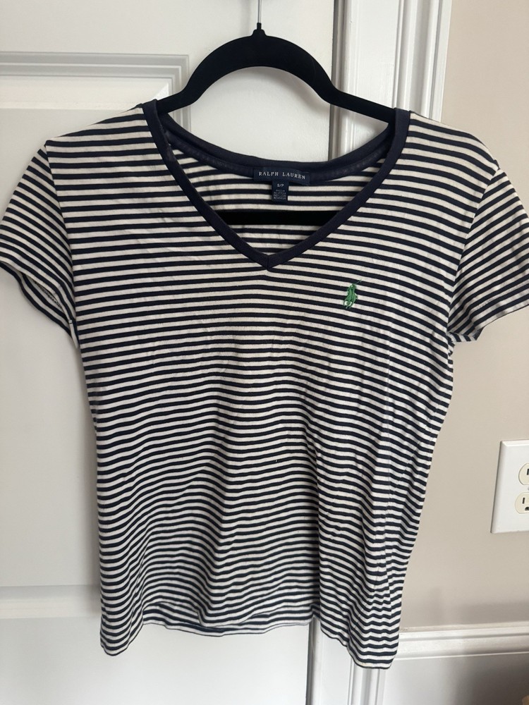 Ralph Lauren Women’s Navy/White Striped V-Neck Short Sleeve Knit Tee S/P